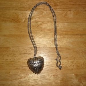 Silver Tone Ornate Puffy Heart Necklace